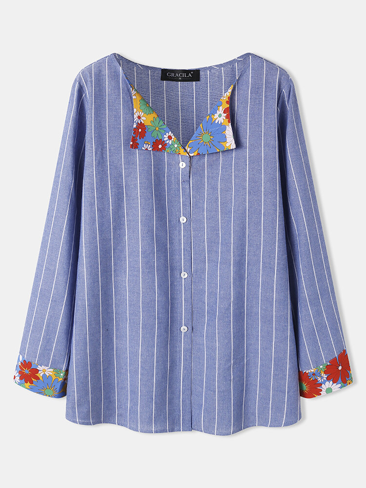 Blusa casual de algodão com estampa de flores e patchwork com botões e gola