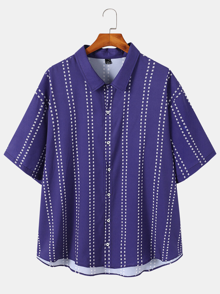 Plus Size Mens Lines Striped Lapel Short Sleeve Button Up Shirt