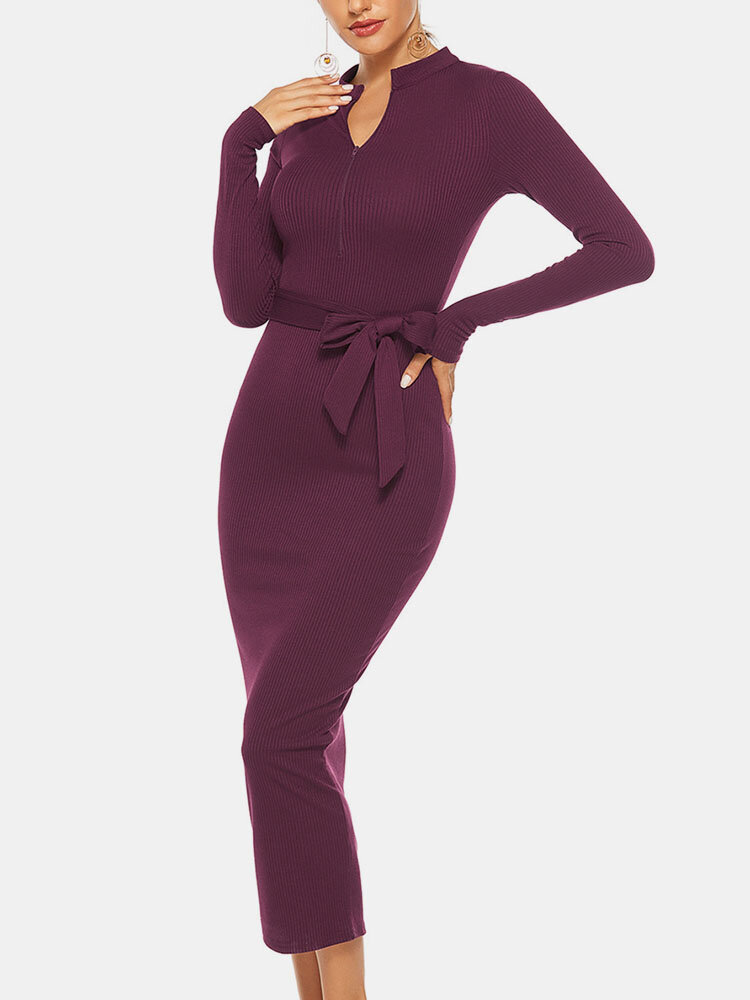 Solid Color Zip Front Long Sleeve Sexy Dress With Belt