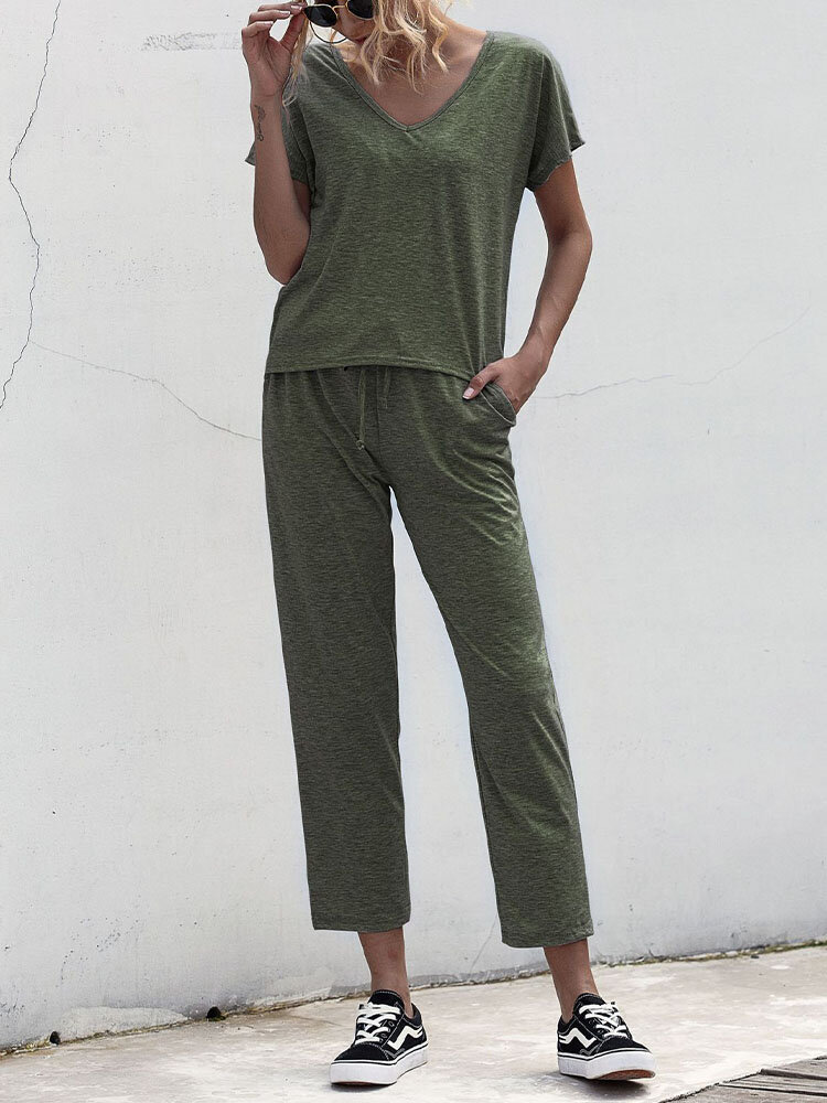 

Plain V-neck Tee & Drawstring Pants Jogger Sport Two-piece Suit, Pink;grey;black;wine red;army green;khaki