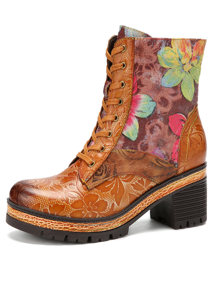 

Socofy Retro Floral Print Leather Patchwork Side-zip Comfy Warm Lining Chunky Heel Short Boots, Red;camel