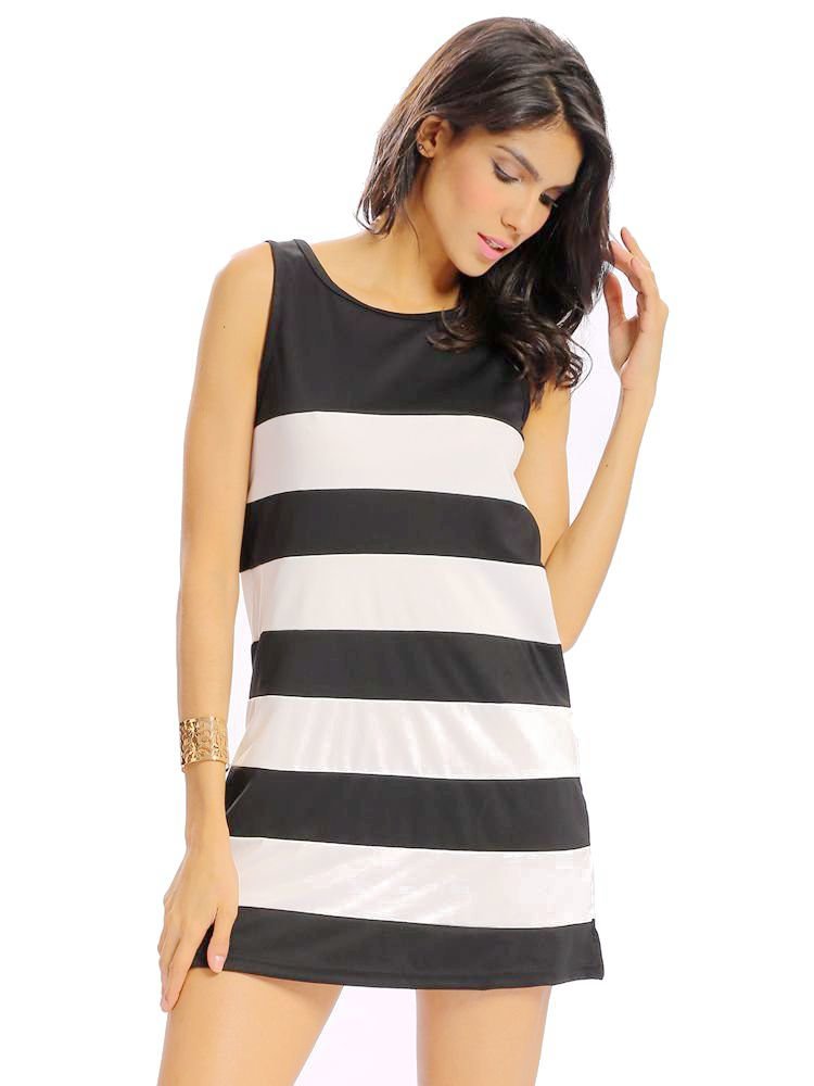 Women Casual Stripe Loose Sleeveless O-neck Mini Dress