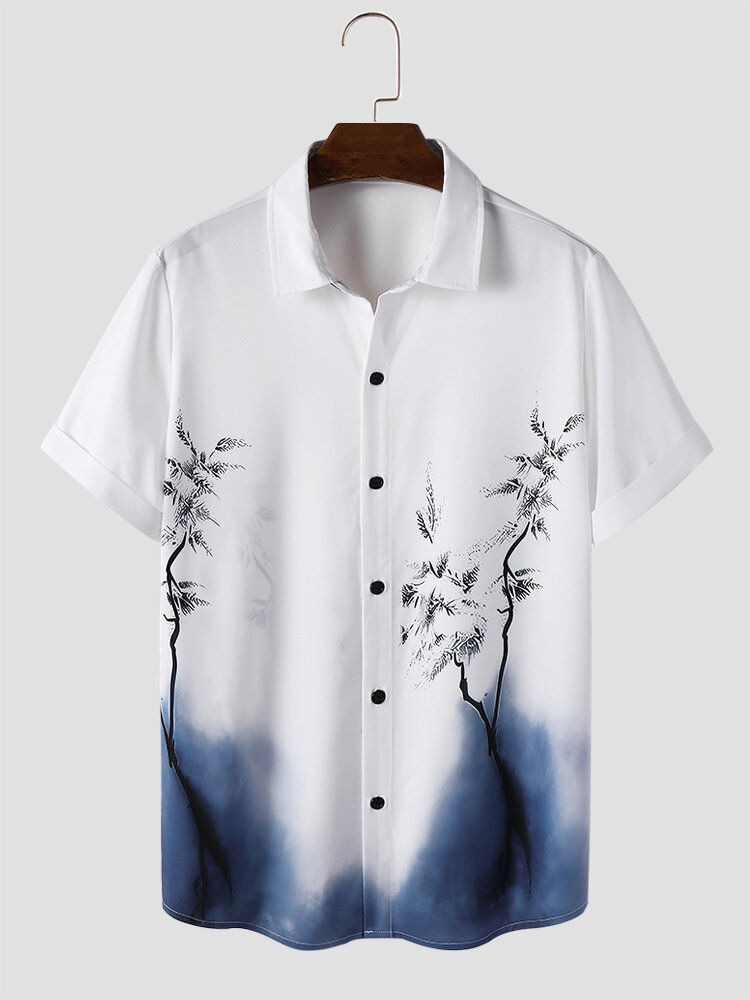 Mens Chinese Ink Plant Print Lapel Short Sleeve Shirts