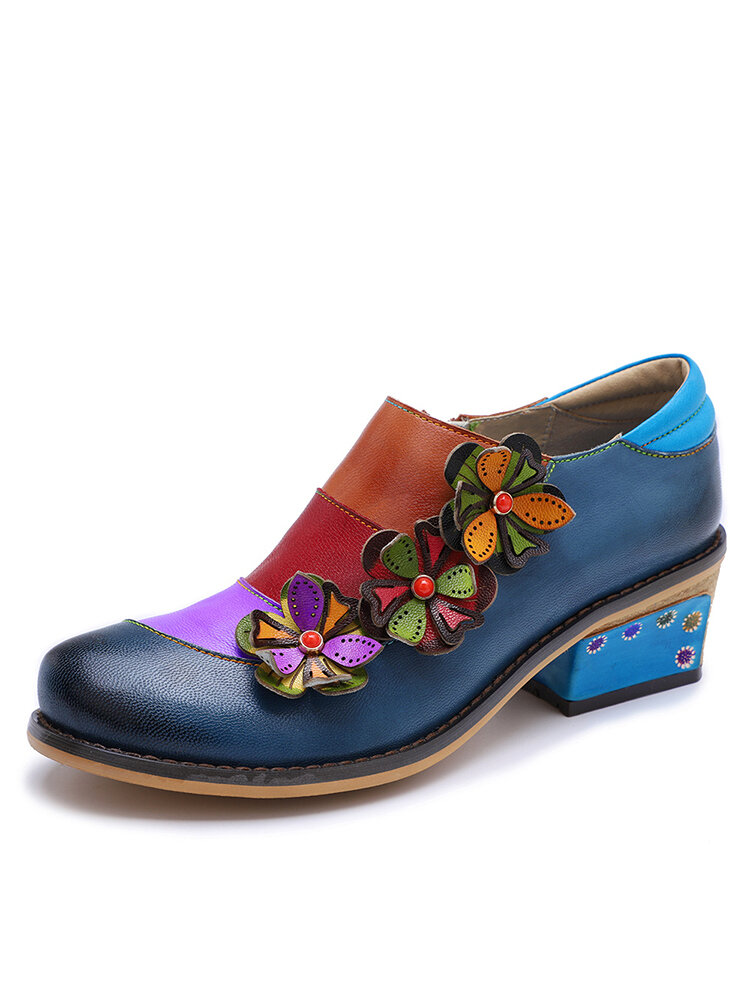 Socofy Genuine Leather Retro Colorblock Floral Decor Comfy Side-zip Low Heel Shoes