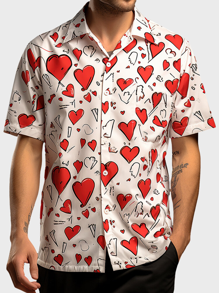 

Mens Allover Heart Print Lapel Valentine' Day Short Sleeve Shirts Winter, Red