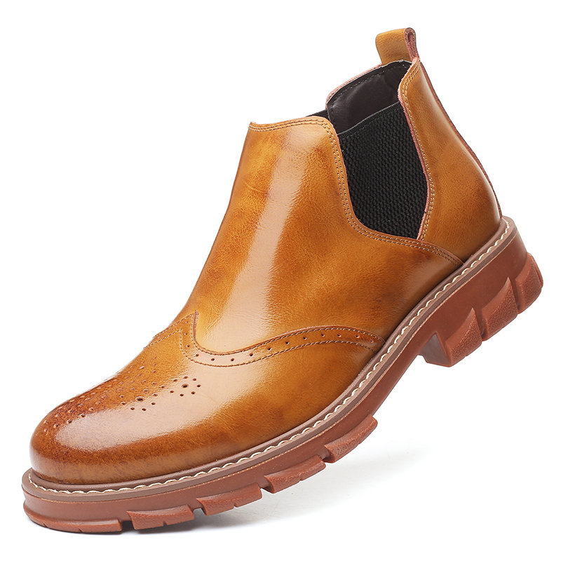 Men Comfy Round Toe Brogue Slip On Non Slip Chelsea Ankle Boots