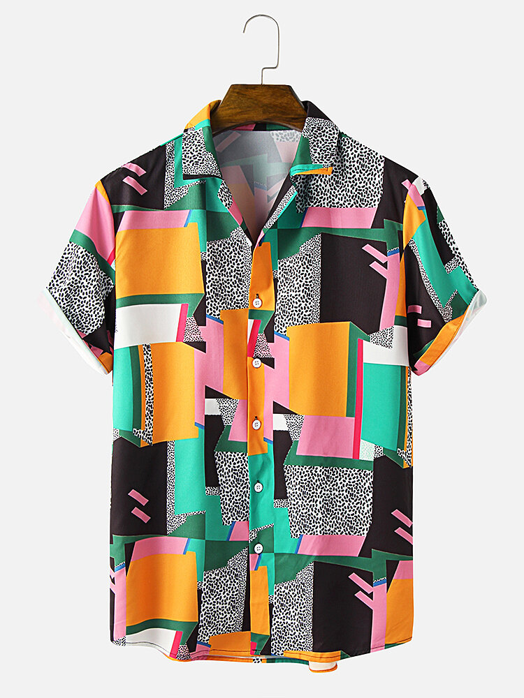 Mens Dot & Geometry Pattern Colorblock Lapel Short Sleeve Shirt