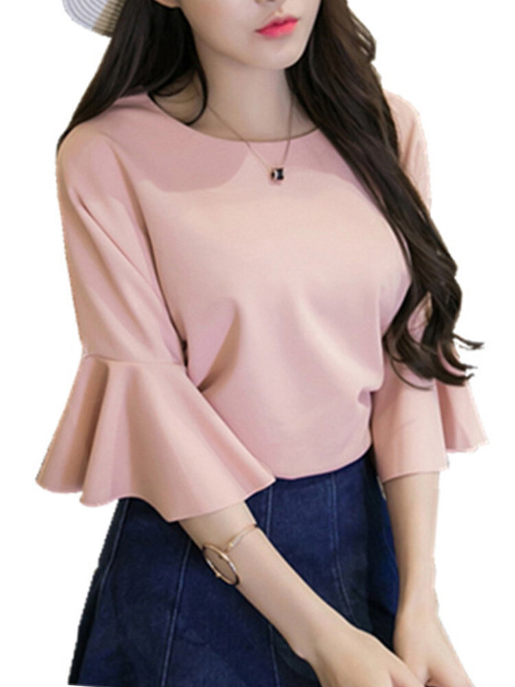 Solid Color O-neck Bell Sleeve T-shirts
