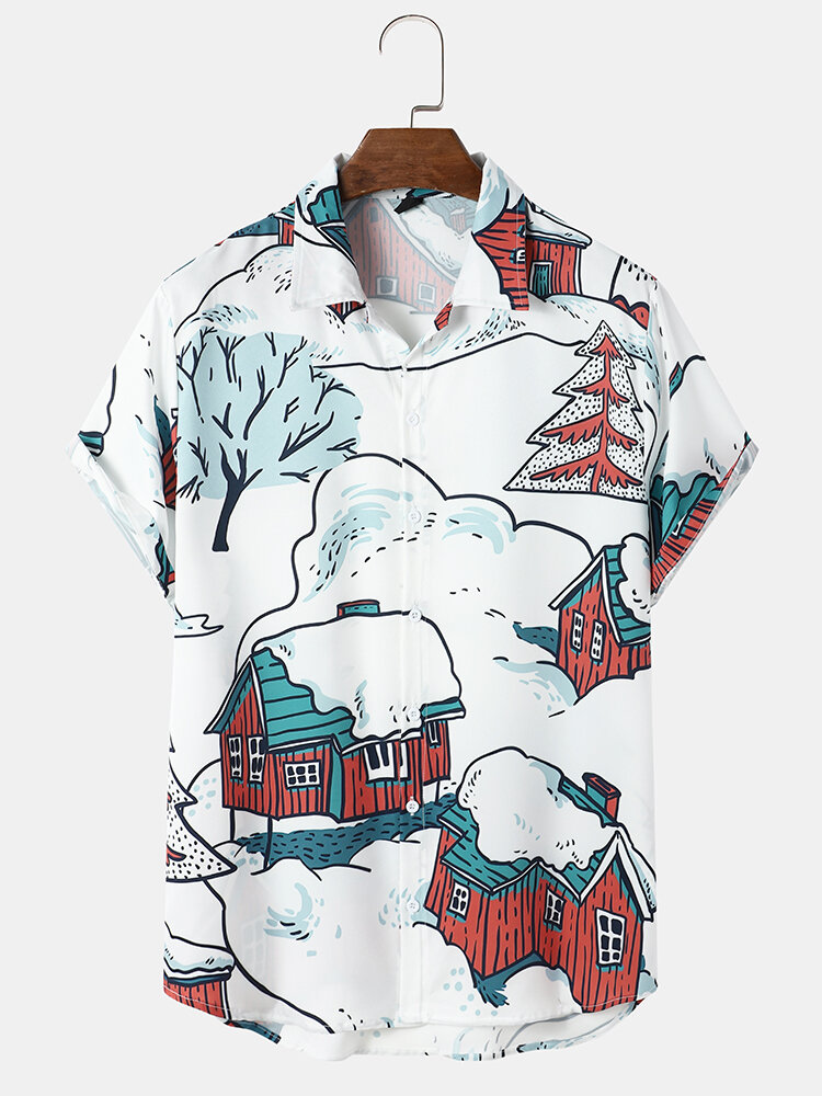 Mens Christmas Tree Cabin Print Revere Collar Holiday Short Sleeve Shirts