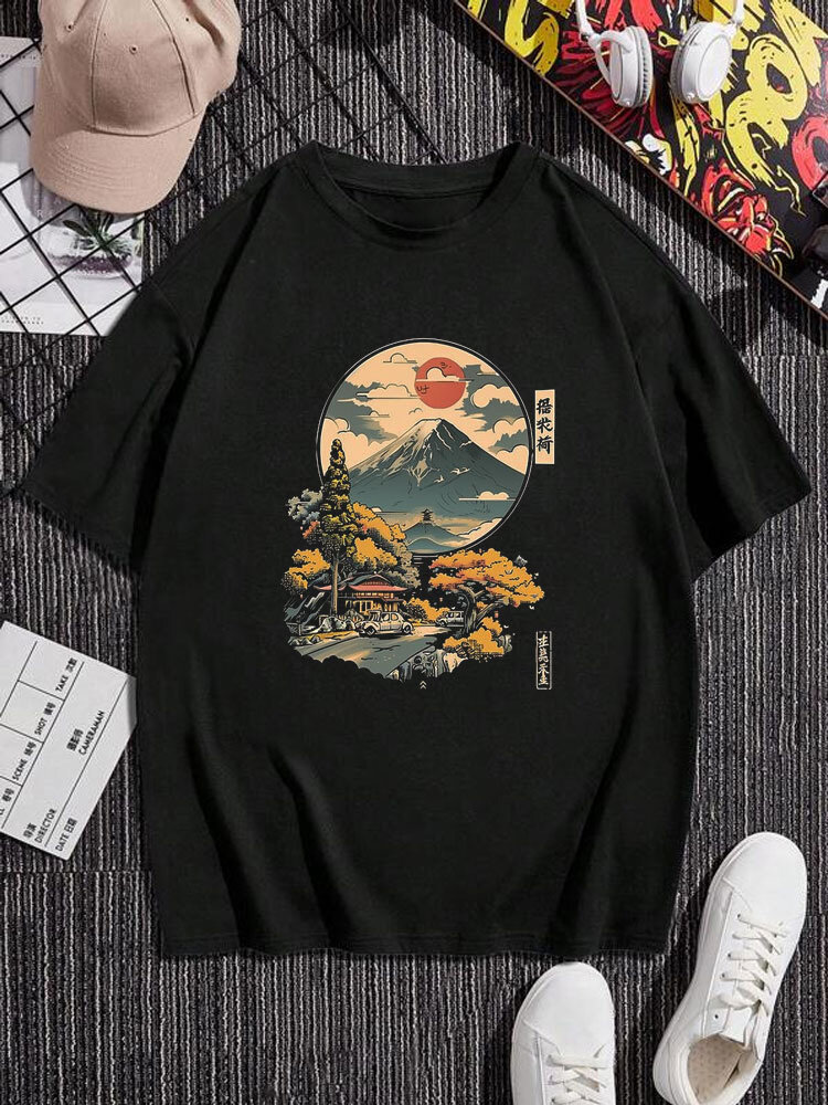 Mens Japanese Landscape Print Crew Neck Short Sleeve T-Shirts