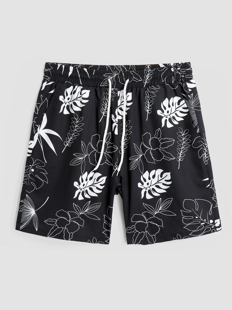 Men Floral & Leaves Graphic Wide Legged Vacation Beachwear Shorts