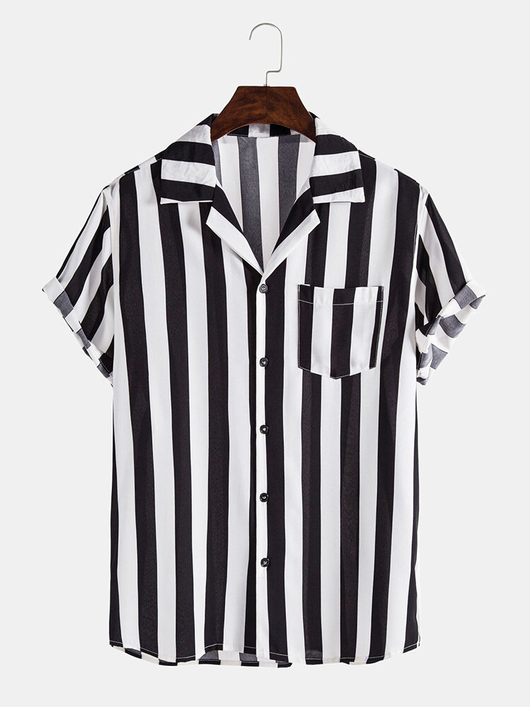 Mens Simple Casual Striped Chest Pocket Short Sleeve Shirts