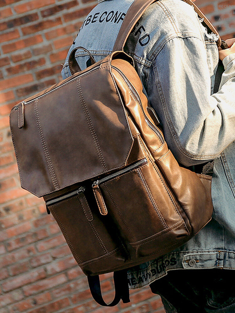 Men's PU Retro Casual Backpack Travel Bag Men's Business Computer Backpack Student Leather School Bag