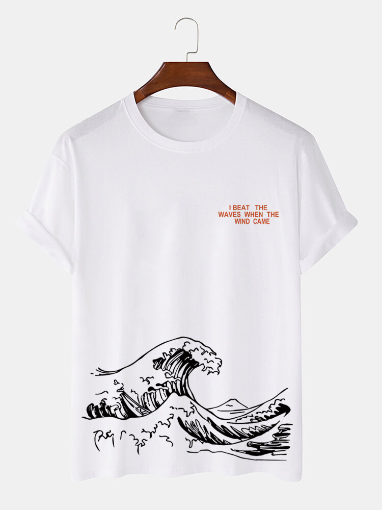Camisetas de manga corta de algodón con estampado de eslogan Wave para hombre Cuello