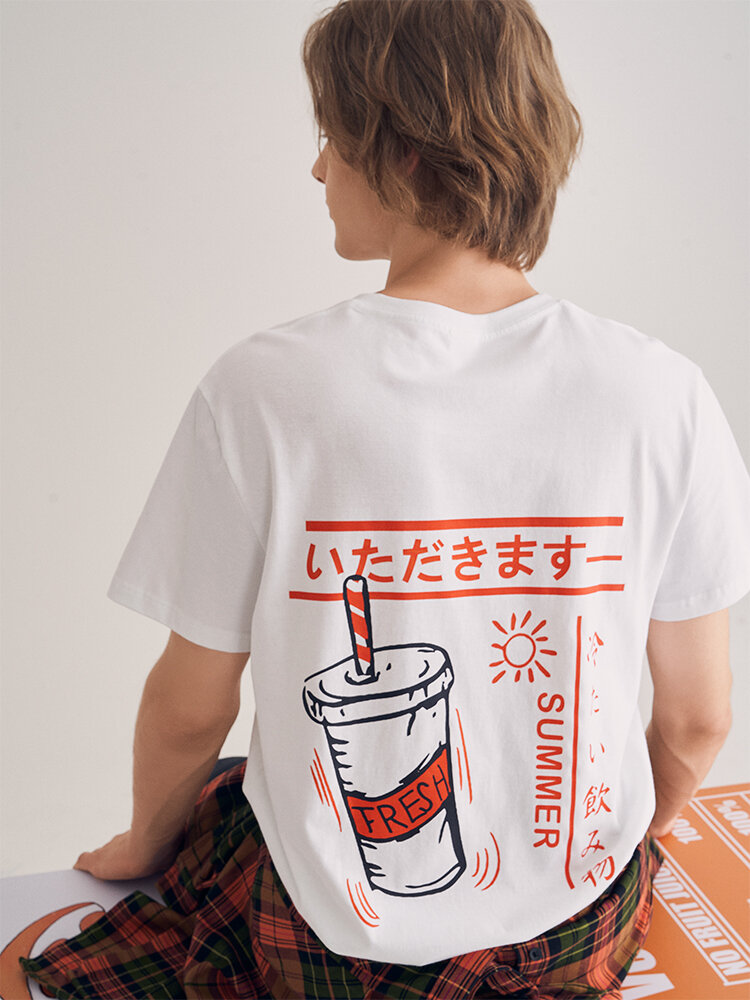 Mens Japanese Drinks Back Print Short Sleeve Cotton T-Shirts