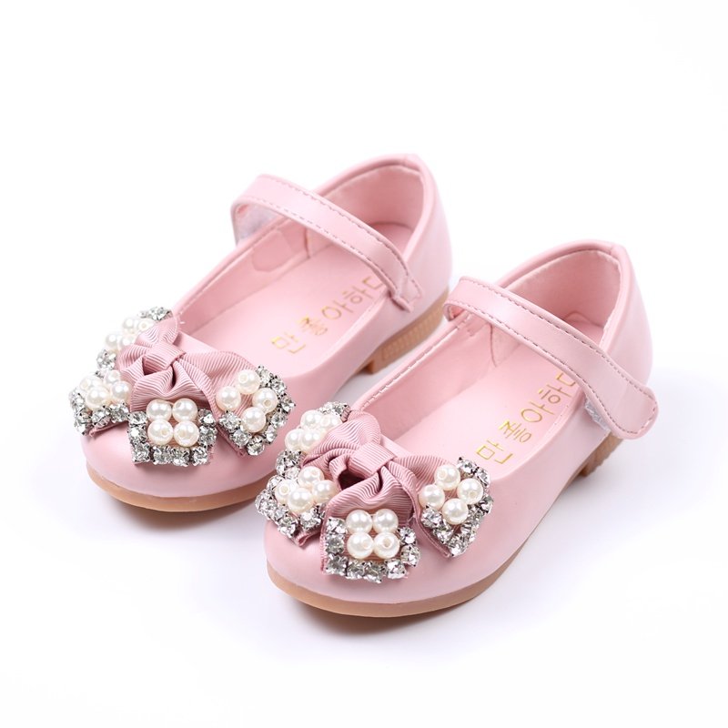 Girls Pearl Butterfly Knot Decor Hook Loop Dress Mary Jane Shoes