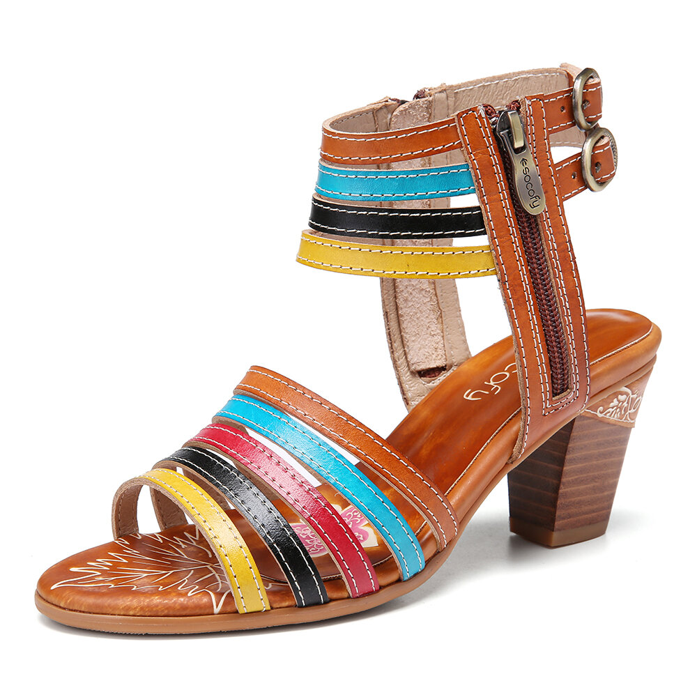 SOCOFY Leather Color Block Ankle Strap Block Heel Open Toe Comfy Heeled Sandals