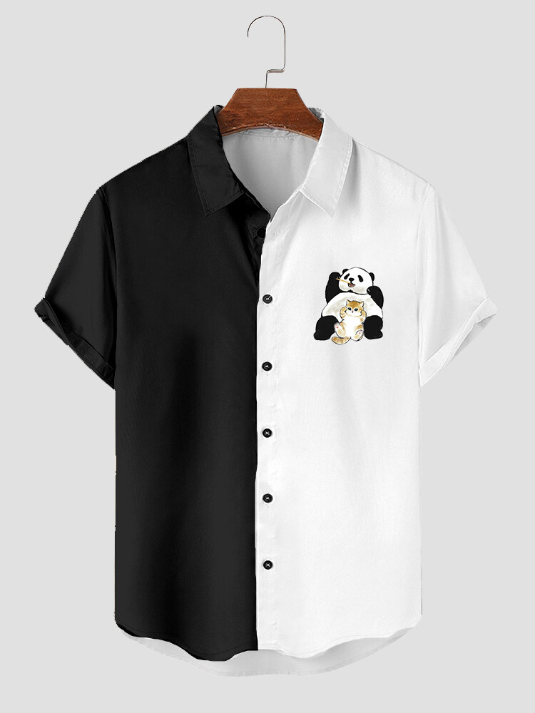 

Mens Cartoon Cat Panda Print Patchwork Lapel Short Sleeve Shirts Winter, Black