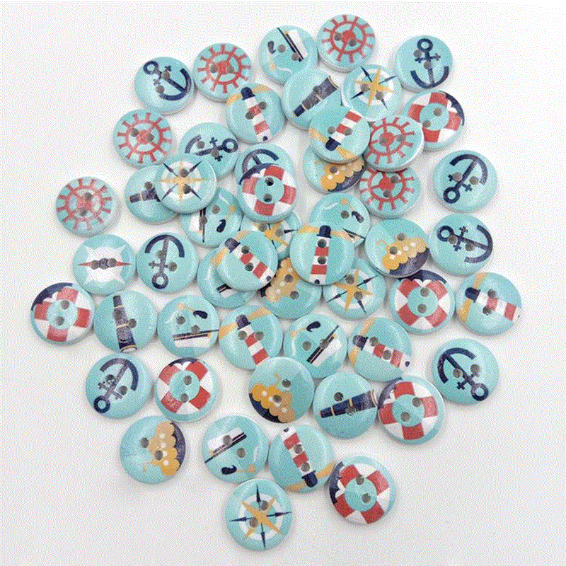 

50Pcs  Navy Style Blue Printing Wooden Buttons DIY Handcraft Materials