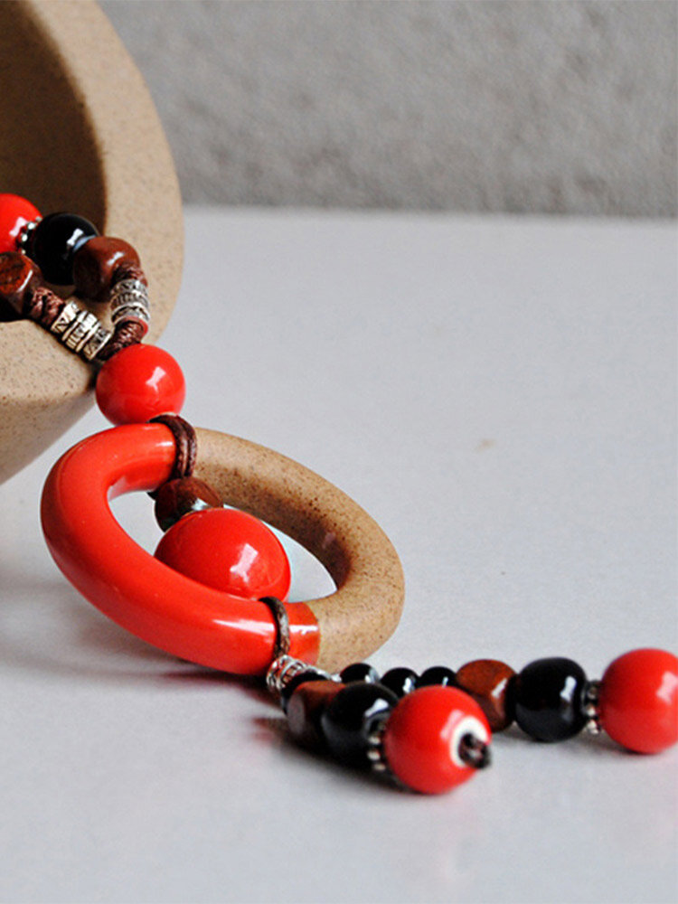Vintage Circle Beaded Tassel Pendant Hand-woven Ceramic Beaded Long Necklace
