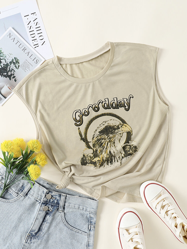 

Animal Eagle Letters Graphic Cap Sleeve Crew Neck T-shirt, Beige