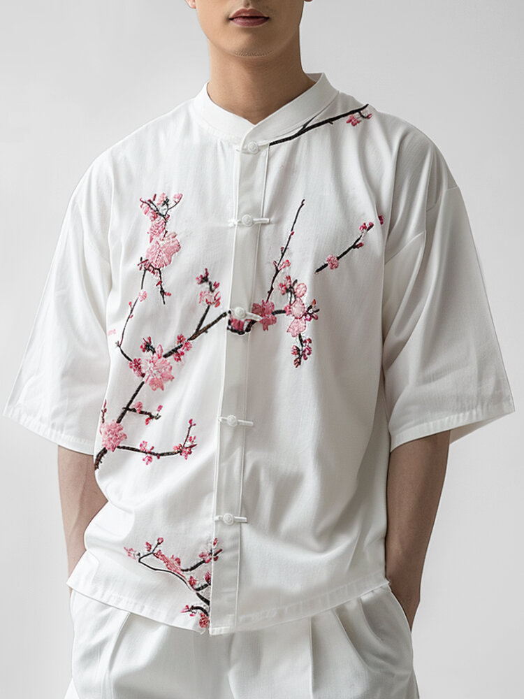 

Mens Chinese Floral Print Stand Collar Frog Button Short Sleeve Shirts, White