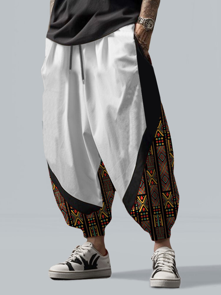 Pantalon ample patchwork à imprimé ethnique géométrique pour hommes