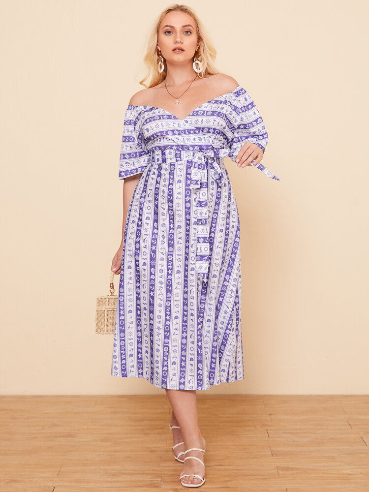 Striped Print Short Sleeve Milkmaid Plus Size Dress