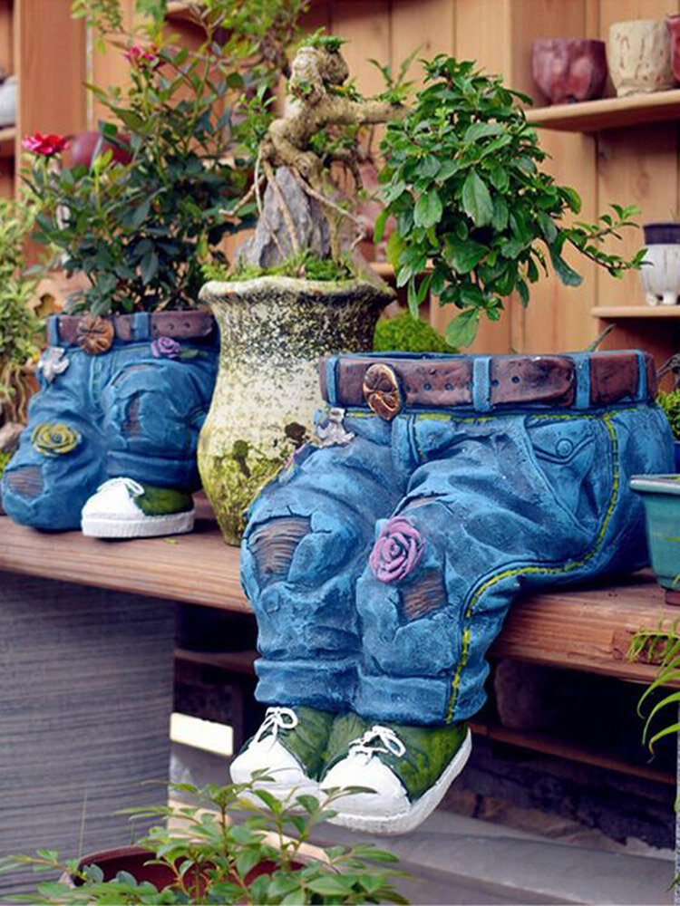 

1 PC Denim Clothes Pants Resin Flower Pot Statue Retro Creative Garden Ornament For Home Courtyard Decoration Sitting Kn