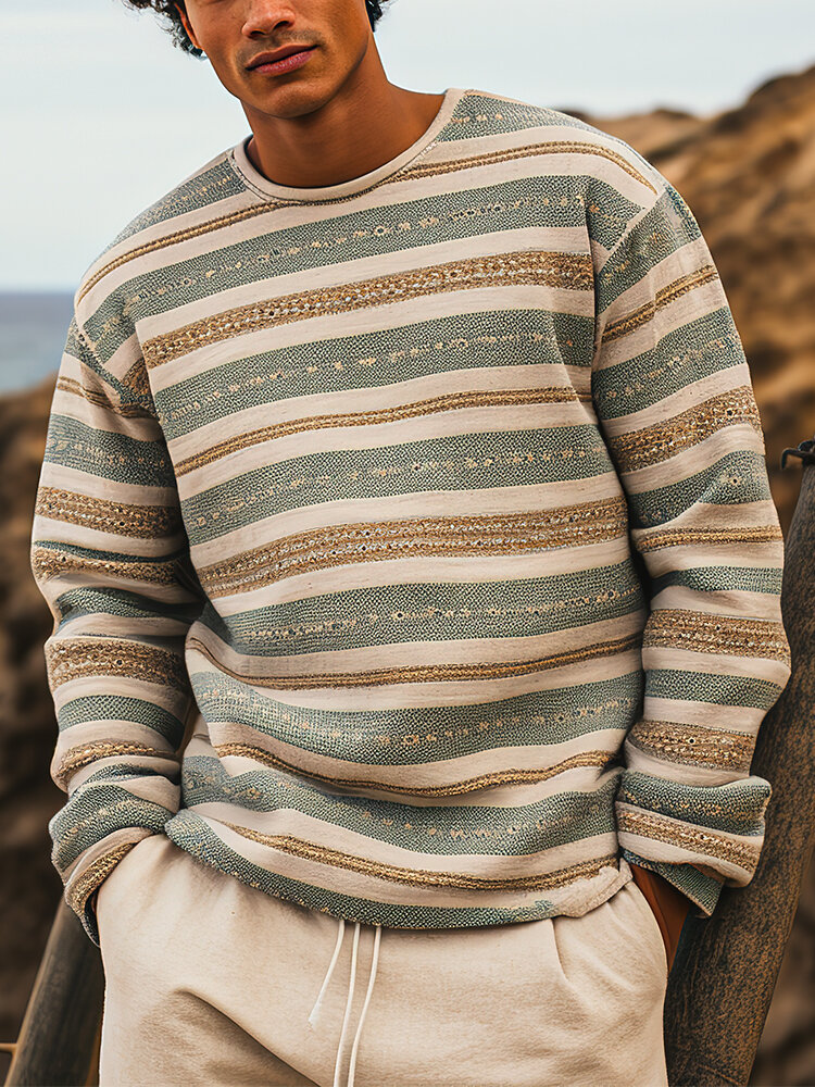 ChArmkpR Mens Stripe Print Crew Neck Long Sleeve Pullover Sweatshirts