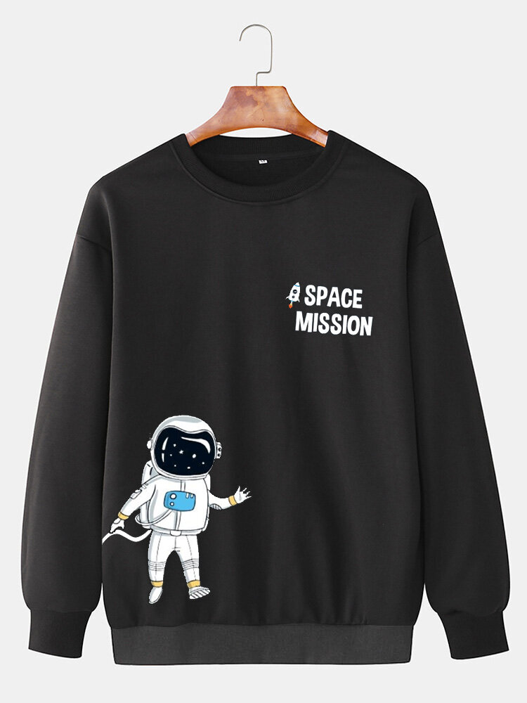 ChArmkpR Mens Cartoon Astronaut Print Crew Neck Loose Pullover Sweatshirts