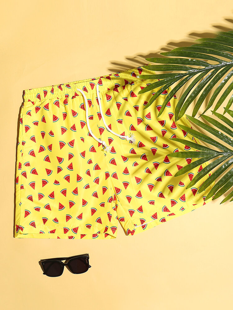 Plus Size Loose Watermelon Print Swim Shorts Drawstring Quick Drying Bright Color Shiny Beachwear for Men