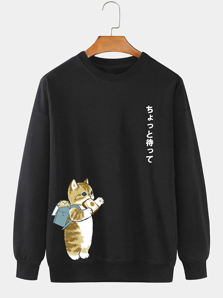 ChArmkpR Mens Japanese Cat Print Crew Neck Loose Pullover Sweatshirts