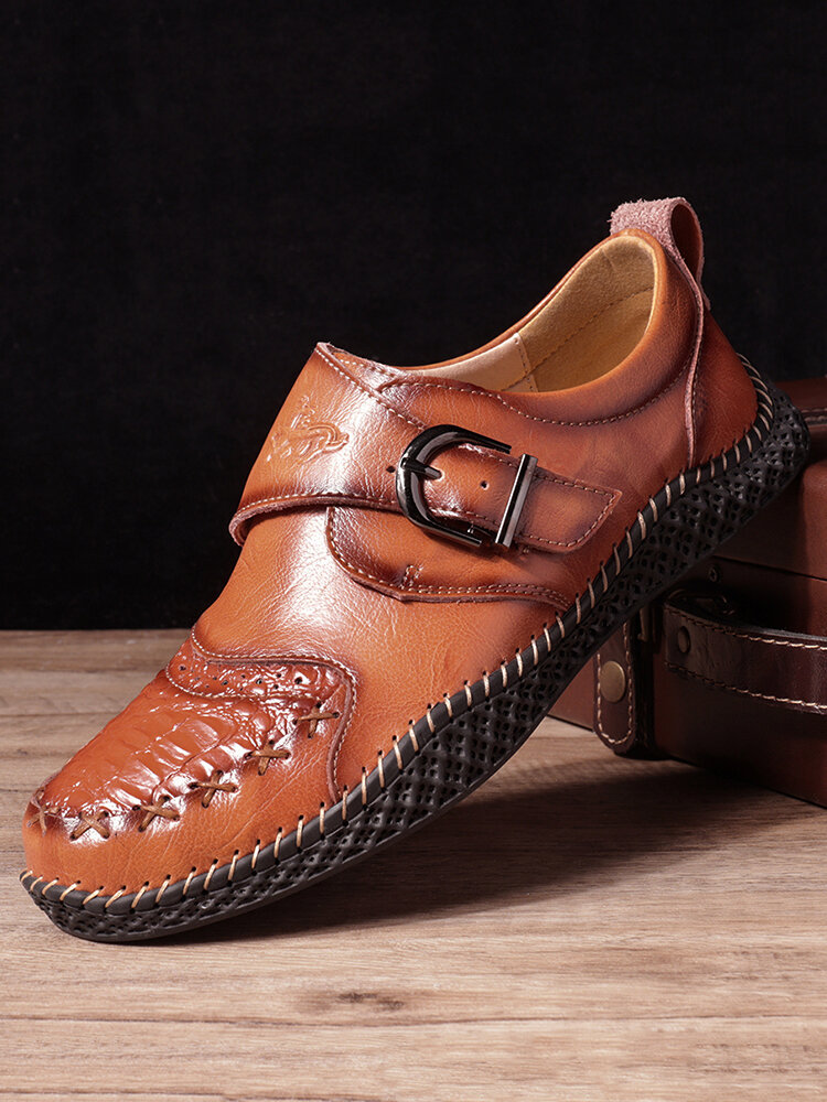 Menico Men Stylish Hand Stitching Crocodile Pattern Hook Loop Leather Shoes