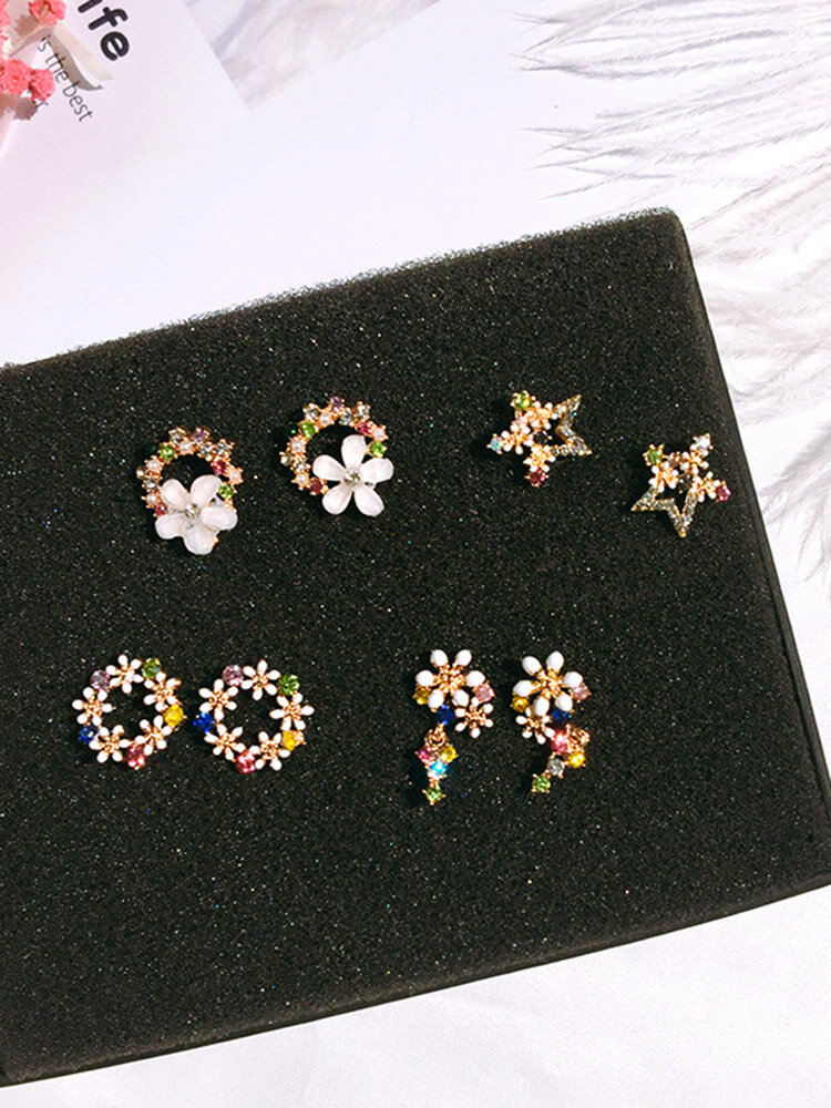 925 Sterling Silver Shell Flower Women Drop Earrings Fashion Colorful Rhinestone Star Stud Earrings