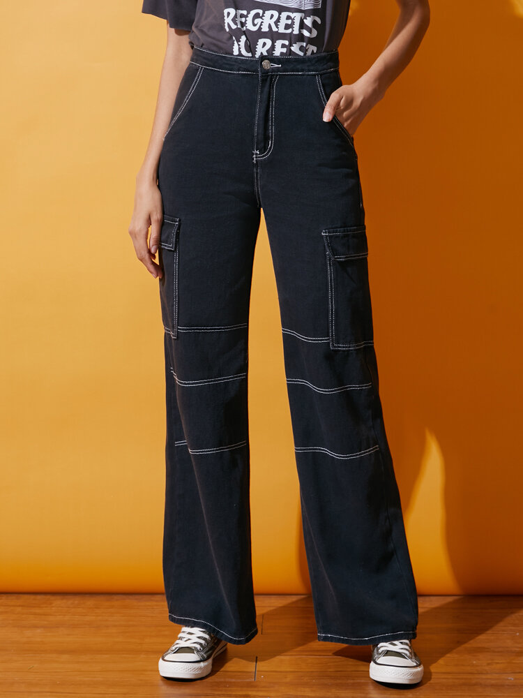 Solid Pocket Button Zip Front Straight Leg Denim Jeans
