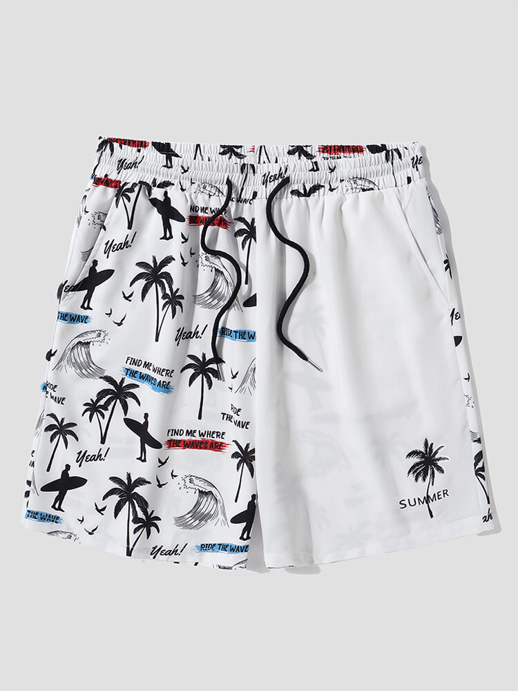 

Mens Coconut Tree Print Patchwork Hawaiian Vacation Drawstring Shorts, White