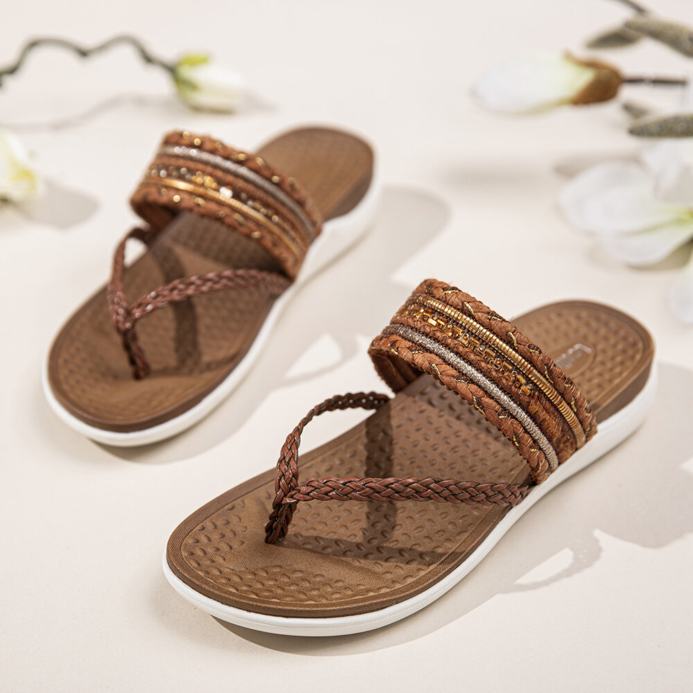 LOSTISY Brown Clip Toe Knitted Flip Flops Flat Slippers