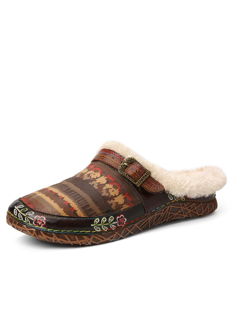 Socofy Ethnic Pattern Genuine Leather Soft Comfy Warm Fuzzy Casual Closed Toe Slippers