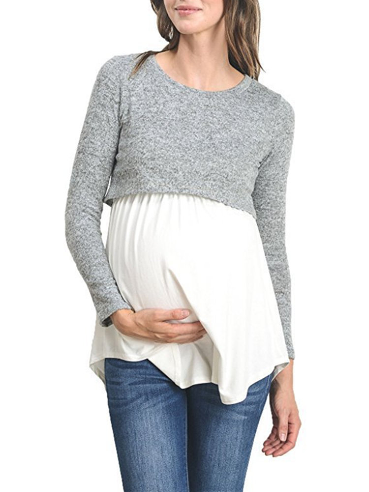 Multi-functional Maternity Cotton Patchwork Long Sleeves Casual Nursing Tops