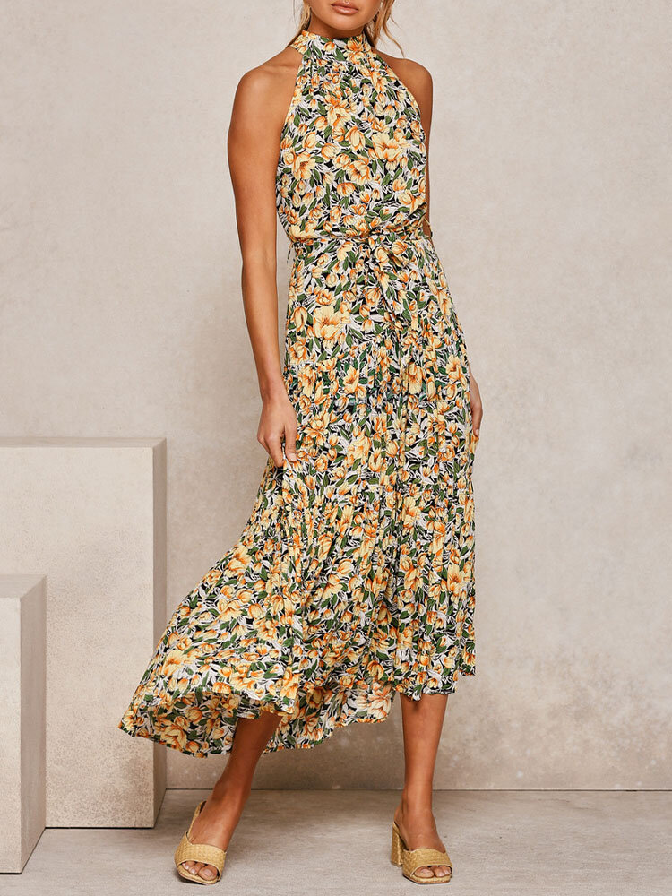Floral Print Halter Sleeveless Belt Women Maxi Dress
