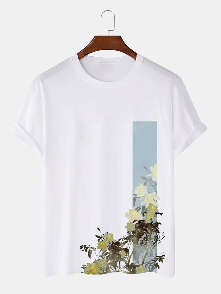 

Mens Floral Plant Print Color Block Crew Neck Short Sleeve T-Shirts, White