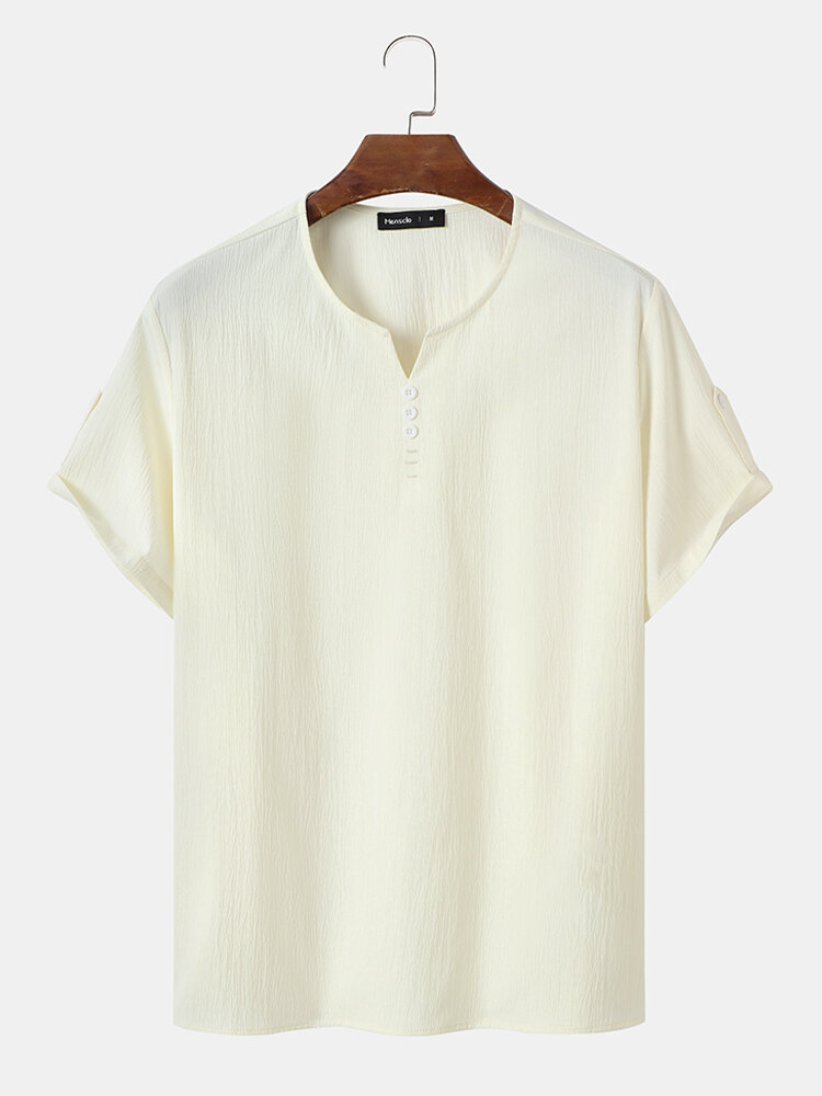 Mens Button Design Texture Solid Short Sleeve Henley Shirts