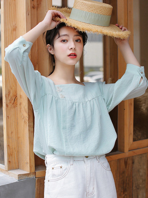 Solid Color Loose Square Collar Shirt Lantern Five-point Sleeve 0412280