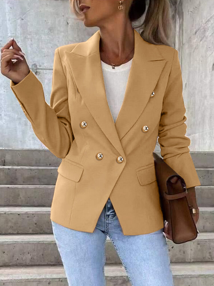 Solid Double Breasted Lapel Long Sleeve Blazer