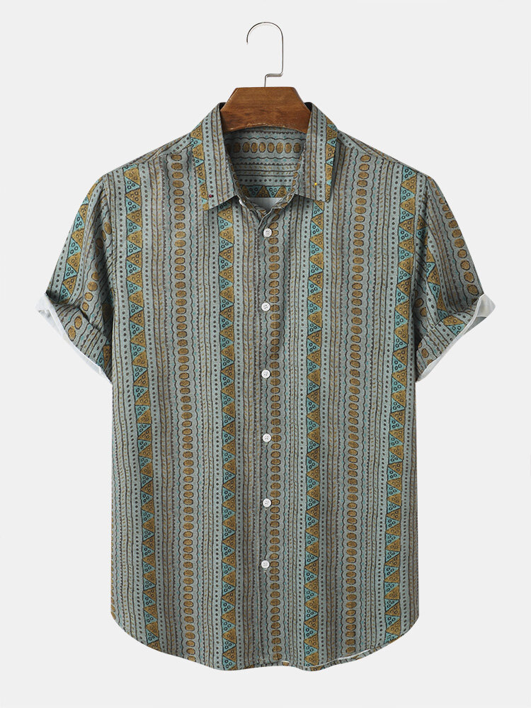 Men Retro Ethnic Striped Print Buttons Up Lapel Collar Short Sleeve Shirts