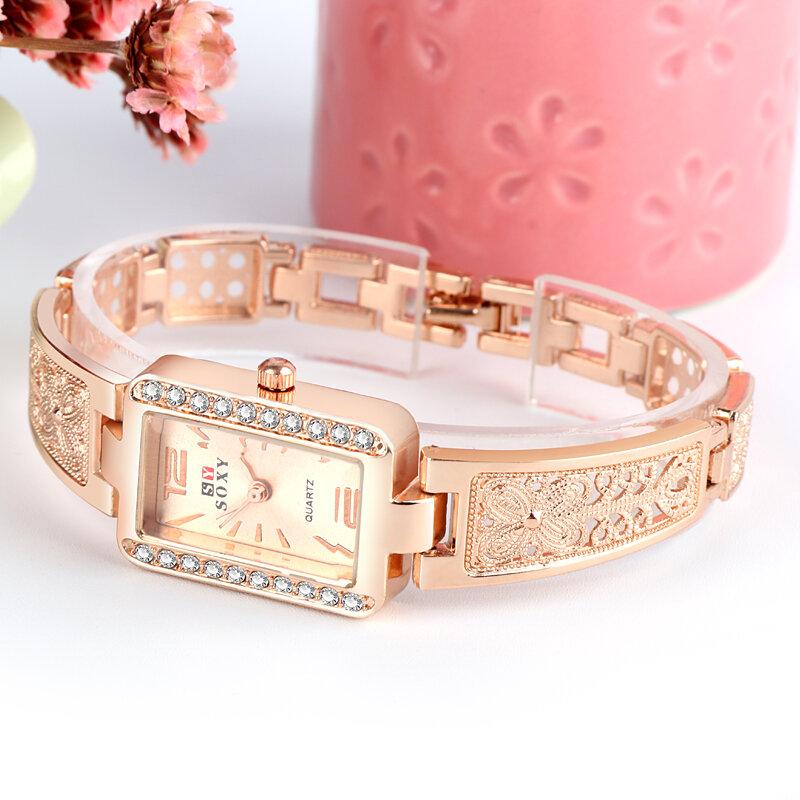 Rose Gold Case Rectangle Dial Design Ladies Bracelet Watch Fashion Style Quartz Watch