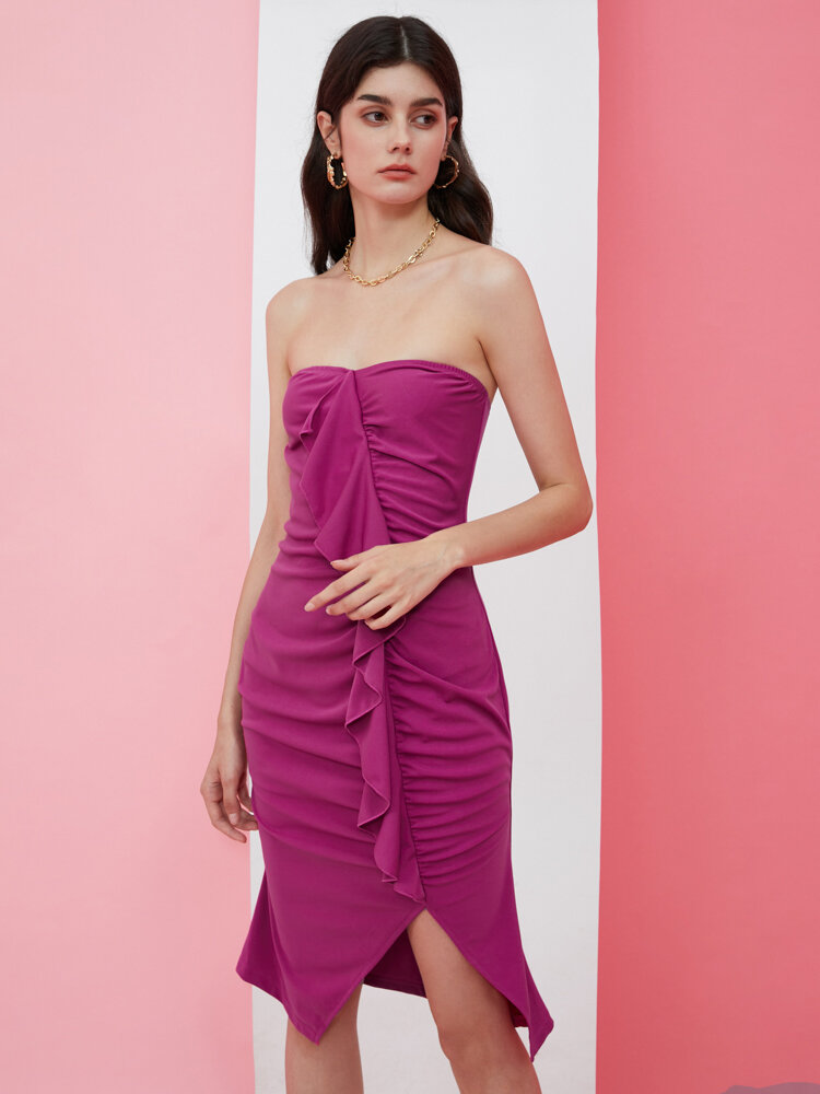 Solid Ruffle Slit Ruched Bodycon Tube Top Dress