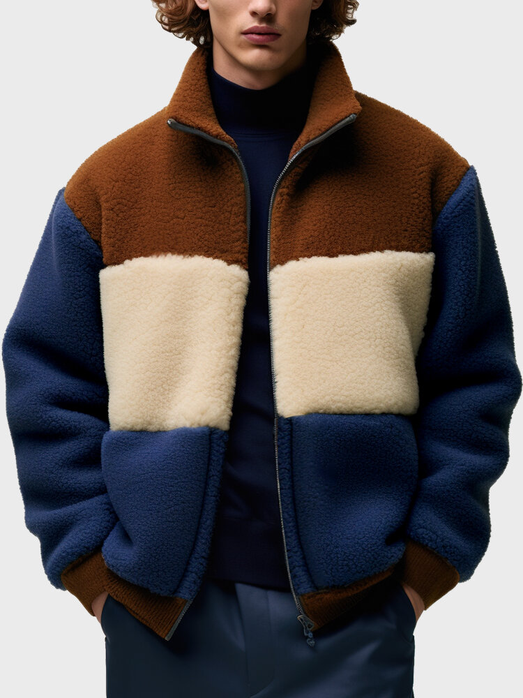 Mens Color Block Patchwork Zip Front Fleece Casual Jacket Winter