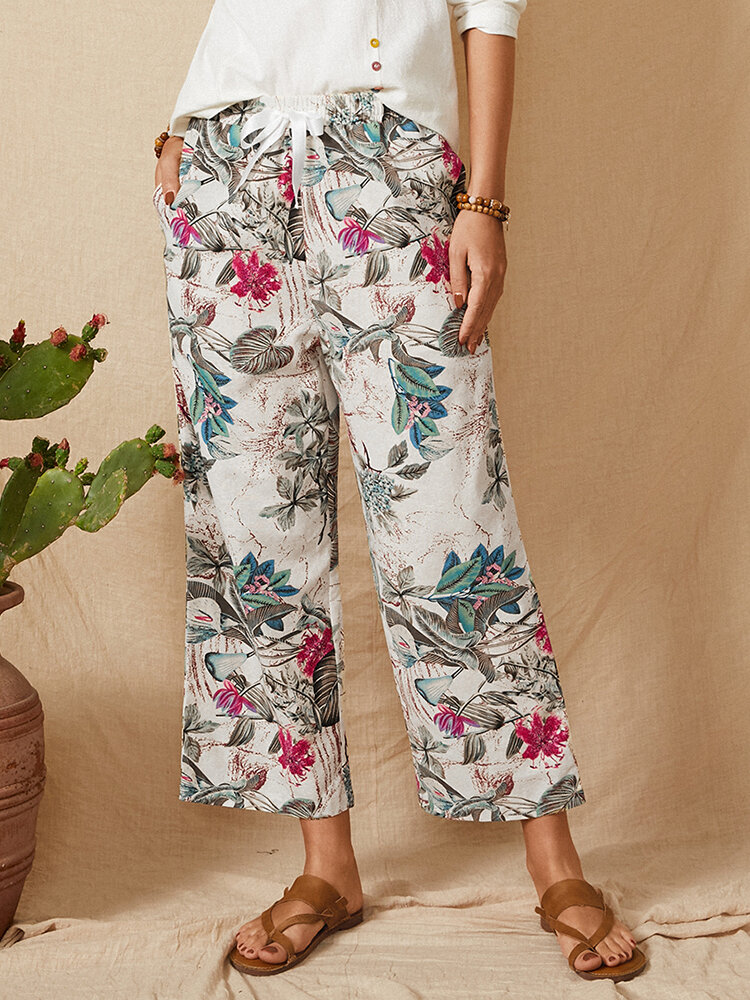 Vintage Flower Print Ribbon Knotted Elastic Waist Pants With Pocket